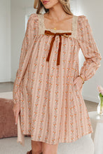 Load image into Gallery viewer, Khaki Floral Print Contrast Velvet Bow Lace Patchwork Long Sleeve Loose Mini Dress
