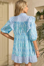Load image into Gallery viewer, Sky Blue Boho Floral Geometric Patchwork Ruffle Detail Puff Sleeve Mini Dress
