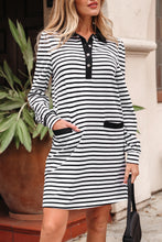 Load image into Gallery viewer, White Stripe Buttoned Front Collared Long Sleeve T Shirt Dress with Pockets
