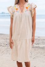 Load image into Gallery viewer, Jet Stream Linen Embroidery Split Neck Pom Pom Ruffle Sleeves Flowy Short Dress
