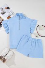 Load image into Gallery viewer, Beau Blue Ribbed Texture Half Zip Ruffled Short Sleeve Top and Shorts Set
