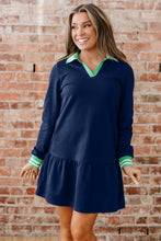 Load image into Gallery viewer, Navy Blue Contrast Striped Cuffs Polo Collar Patchwork Long Sleeve Ruffle Hem Mini Dress
