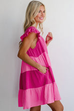 Load image into Gallery viewer, Pink Crinkled Colorblock Patchwork Flutter Tiered Mini Dress

