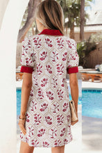 Load image into Gallery viewer, Red Geometric Floral Print Lace Trim Collared Short Sleeve Mini Dress
