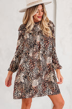 Load image into Gallery viewer, Brown Leopard Ruffled Detail Long Sleeve Loose Mini Dress
