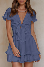 Load image into Gallery viewer, Blue Deep V Neck Self-tie Knotted Front Layered Flare Mini Dress

