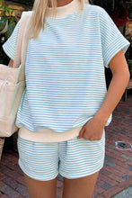Load image into Gallery viewer, Sky Blue Stripe Cuffed Sleeve Contrast Mock Neck Tee Casual 2pcs Short Set
