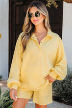 Load image into Gallery viewer, Yellow Cream Button Collar Drop Shoulder Pullover and Shorts 2pcs Outfit
