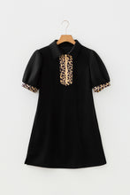 Load image into Gallery viewer, Black Leopard Patchwork Zip Collared Short Puff Sleeve Shift Mini Dress
