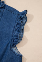 Load image into Gallery viewer, Sail Blue Ruffled Edge Collared Shift Denim Dress with Pockets
