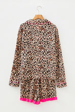 Load image into Gallery viewer, Light French Beige Leopard Print Contrast Trim Long Sleeve Shirt Drawstring Ruffle Hem Short Set
