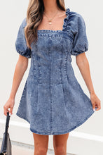 Load image into Gallery viewer, Blue Frilly Square Neck Bustier Puff Sleeve Short Denim Dress
