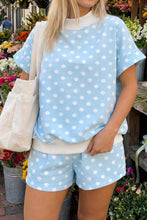 Load image into Gallery viewer, Pink Polka Dot Print Color Block Trim Mock Neck Short Set
