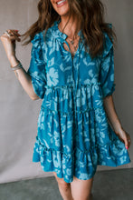 Load image into Gallery viewer, Blue Flower Half Sleeve Tiered Ruffled Mini Dress
