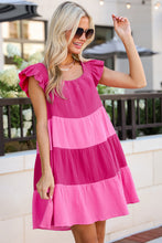 Load image into Gallery viewer, Pink Crinkled Colorblock Patchwork Flutter Tiered Mini Dress
