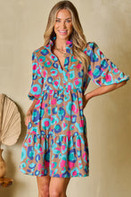Load image into Gallery viewer, Green Leopard Print Bubble Sleeve Slit Neck Ruffled Dress
