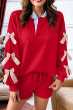 Load image into Gallery viewer, Racing Red Striped Collar Patchwork Satin Bow Sweatshirt and Shorts Set
