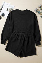 Load image into Gallery viewer, Black Ribbed Texture Baggy Drop Shoulder Pullover and Shorts Set
