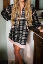 Load image into Gallery viewer, Black Plaid Polo Collar Zip up Contrast Trim Shift Long Sleeve Mini Dress
