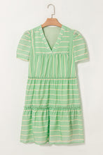Load image into Gallery viewer, Green Stripe V Neck Short Sleeve Frilled Detail A-line Dress
