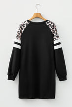 Load image into Gallery viewer, Black Leopard Print Patchwork Varsity Raglan Sleeve Sweatshirt Dress
