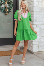 Load image into Gallery viewer, Bright Green Color Block Detail Split Neck Short Puff Sleeve Ruffle Hem Mini Dress
