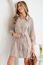 Load image into Gallery viewer, Brown Stripe Knot Waist Puff Sleeve Button Down Mini Shirt Dress
