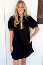 Load image into Gallery viewer, Black Leopard Patchwork Zip Collared Short Puff Sleeve Shift Mini Dress
