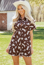 Load image into Gallery viewer, Brown Cowgirl Hats Boots Cactus Print Raw Edge Button Down Short Denim Dress
