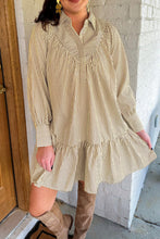 Load image into Gallery viewer, Brown Stripe Collared Neck Cuffed Long Sleeve Drop Waist Mini Dress
