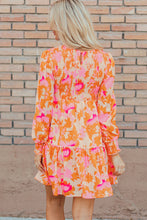 Load image into Gallery viewer, Orange Abstract Print Smocked Lantern Sleeve Ruffle Mini Dress
