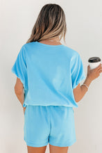 Load image into Gallery viewer, Light Blue Solid Color Puffy Loose Top Drawstring Shorts 2pcs Outfit
