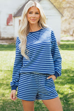 Load image into Gallery viewer, Blue Stripe Drop Shoulder Long Sleeve Pullover Elastic Waist Casual Short Set
