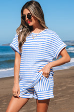 Load image into Gallery viewer, Pink Stripe Knitted Short Sleeve Top and Drawstring Shorts Set
