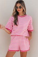 Load image into Gallery viewer, Pink Stripe Contrast Trim Short Sleeve Top Loose Shorts 2pcs Casual Outfit
