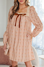 Load image into Gallery viewer, Khaki Floral Print Contrast Velvet Bow Lace Patchwork Long Sleeve Loose Mini Dress
