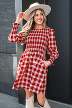 Load image into Gallery viewer, Red Plaid Print Smocked Puff Sleeve Mini Dress
