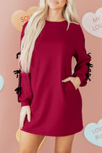 Load image into Gallery viewer, Racing Red Contrast Striped Bow Detail Drop Shoulder Sweatshirt Dress with Pockets

