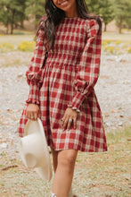 Load image into Gallery viewer, Red Plaid Print Smocked Puff Sleeve Mini Dress
