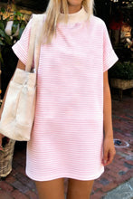 Load image into Gallery viewer, Pink Stripe Cuffed Short Sleeve Contrast Mock Neck Tee Dress
