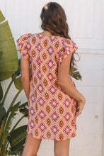 Load image into Gallery viewer, Orange Geometric Floral V Neck Buttoned Ruffled Sleeve Mini Dress
