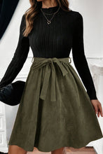 Load image into Gallery viewer, Black Ribbed Knit Slim Bodice Contrast Flared Skirt Patchwork Belted Dress
