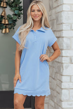 Load image into Gallery viewer, Beau Blue Solid Color Snap Button Polo Collar Short Sleeve Scallop Hem Mini Dress

