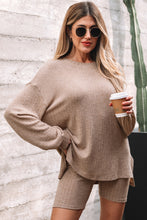 Load image into Gallery viewer, Dark Khaki Ribbed Balloon Sleeve Pullover Top and Biker Knitted Short Set
