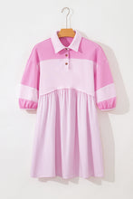 Load image into Gallery viewer, Pink Raw Seam Color Block Patchwork Button Polo Collar Mini Dress
