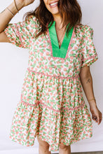 Load image into Gallery viewer, Green Contrast Neckline Ricrac Trim Floral Short Puff Sleeve Dress
