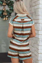 Load image into Gallery viewer, White Stripe Button Polo Collar Tee Drawstring Elastic Waist Patchwork 2pcs Short Set
