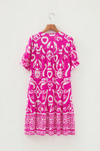 Load image into Gallery viewer, Rose Boho Mixed Print Contrast Trim V Neck Short Sleeve Flared Dress
