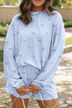 Load image into Gallery viewer, Sky Blue Valentines Bow Print Twisted Rib Loose Long Sleeve Top 2pcs Short Set
