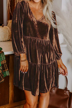 Load image into Gallery viewer, Chicory Coffee Solid Color Velvet V Neck Long Sleeve Tiered Mini Dress
